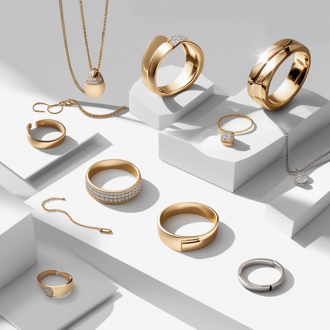 Collection of gold jewelry including rings and a necklace on a white background